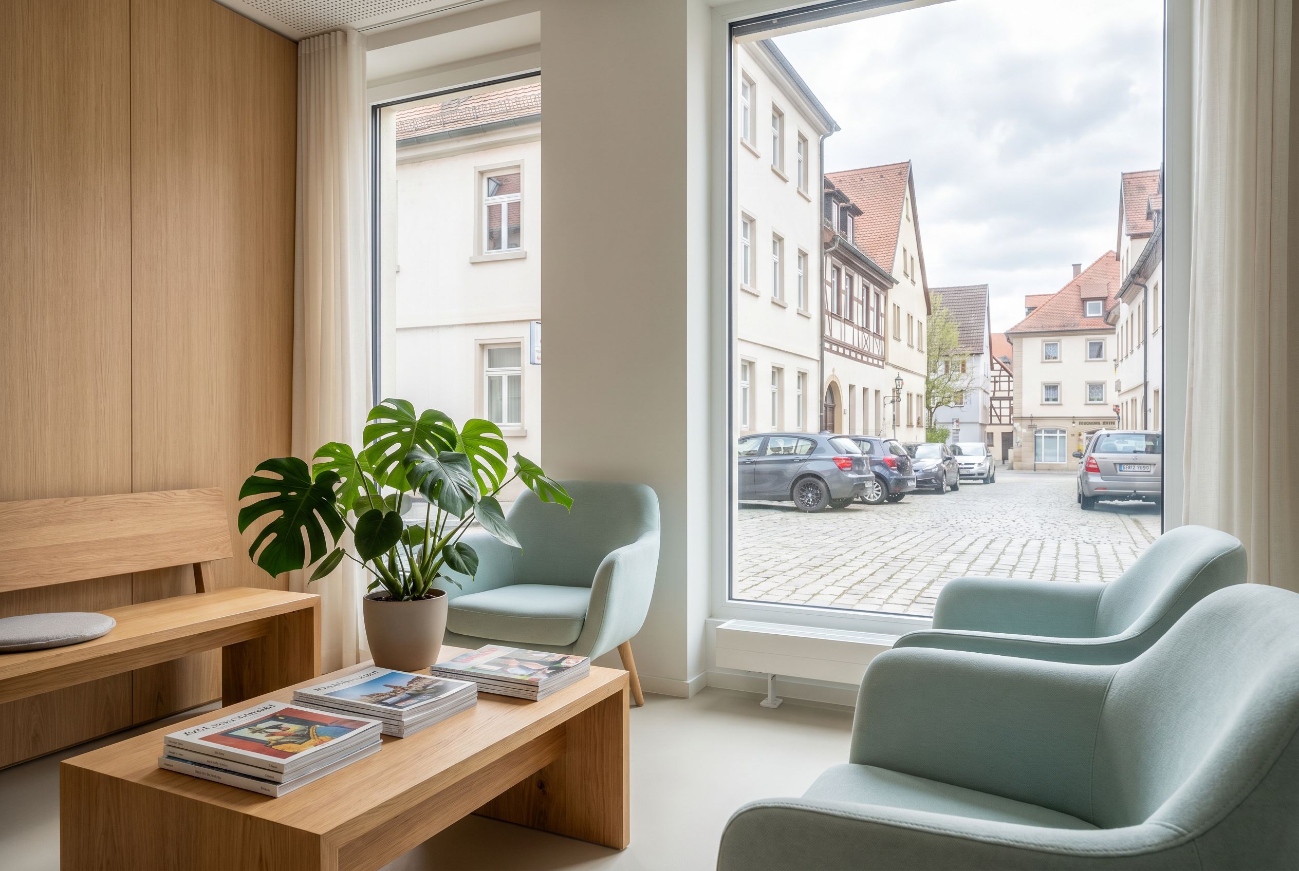Ruhige Warte-Lounge mit Eichenstühlen am Fenster