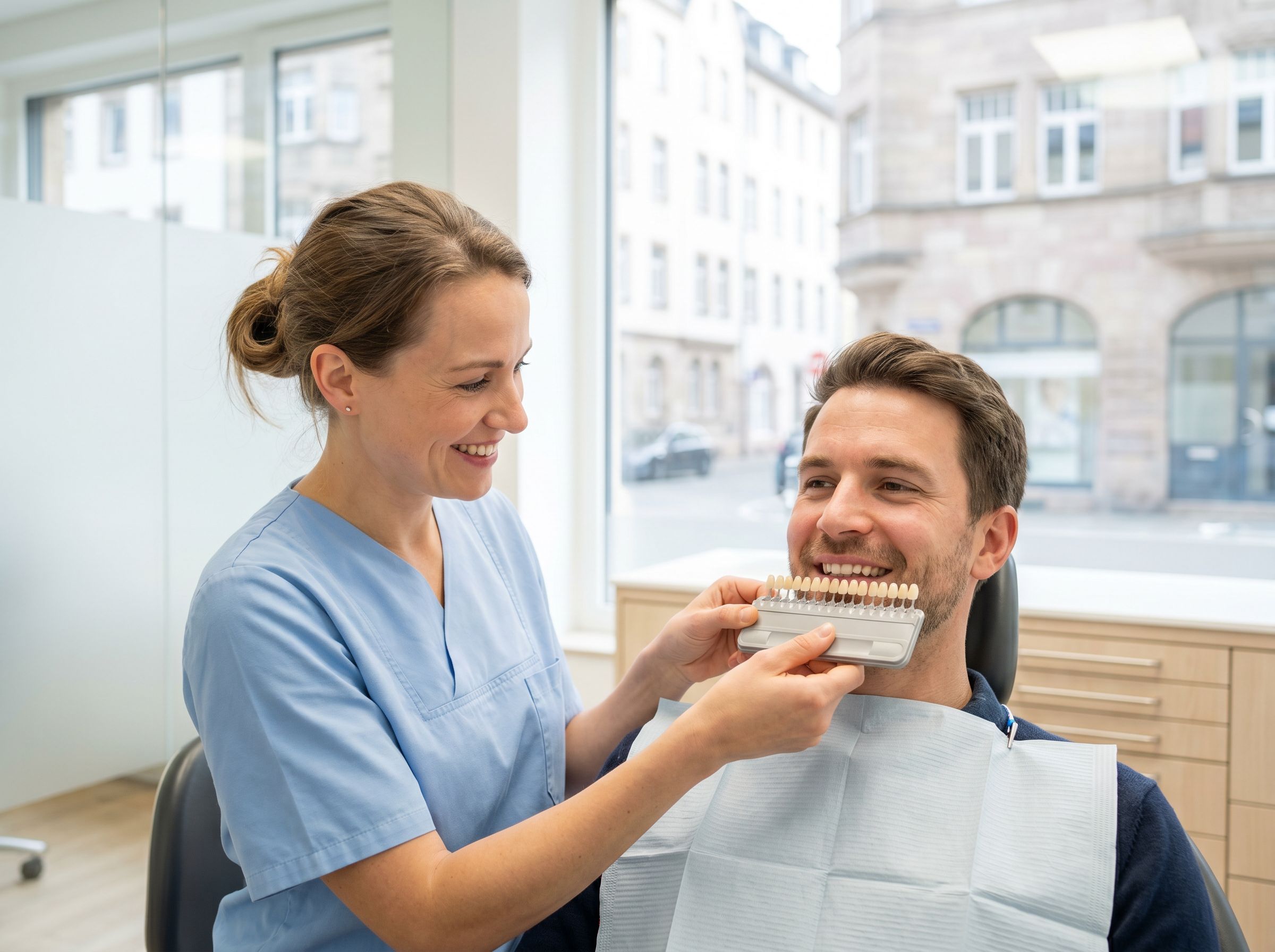 Helle ästhetische Zahnheilkunde, Keramik-Veneers auf satiniertem Glasregal